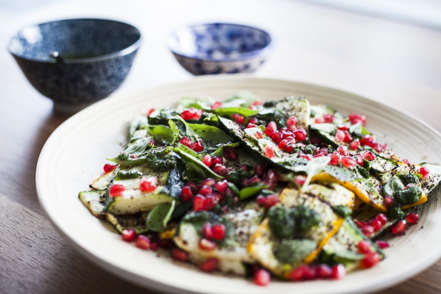 Courgette, pomegranate and pine nut salad
