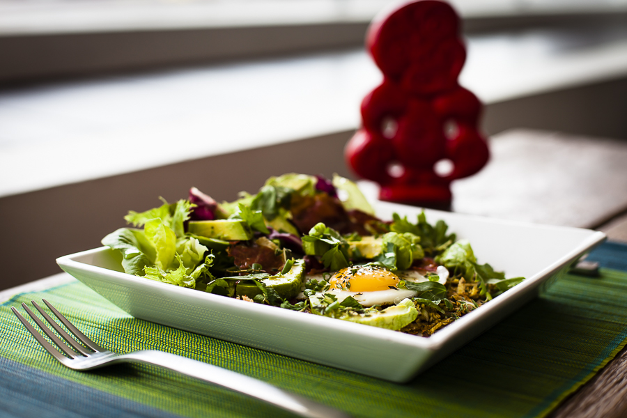 Sweet potato hash with fried egg, avocado and parmaham