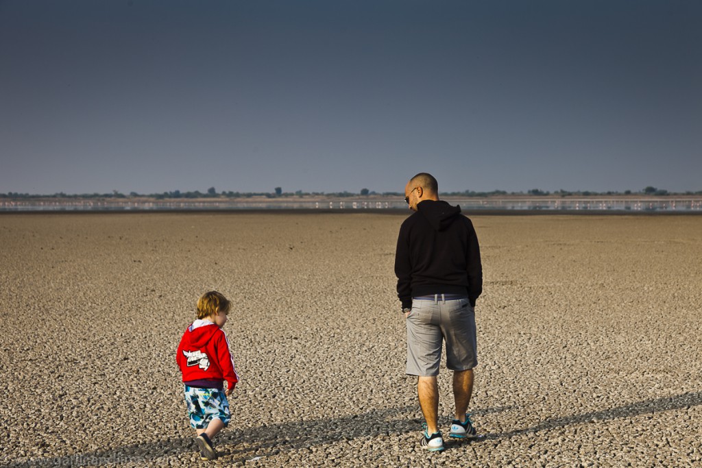 Barry and Liam walking on the salt lake at Little Rann, Gujarat,