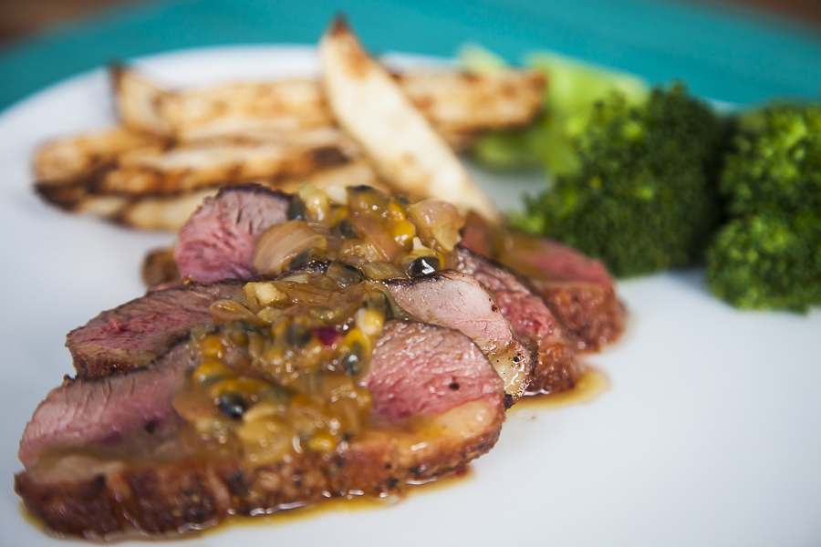 Duck breast with orange and passionfruit sauce