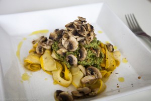 Zucchini Pappardelle with avocado nut sauce and mushrooms