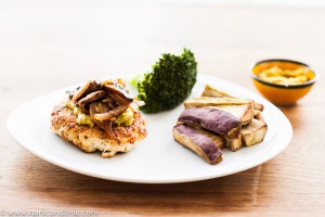 Chicken Burgers, avocado and tahini spread, red onion and mushroom in vinegar