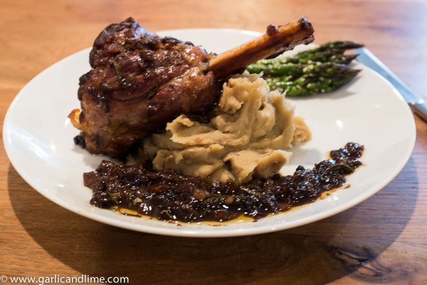 Lamb shanks with red onion reduction and kumara garlic mash